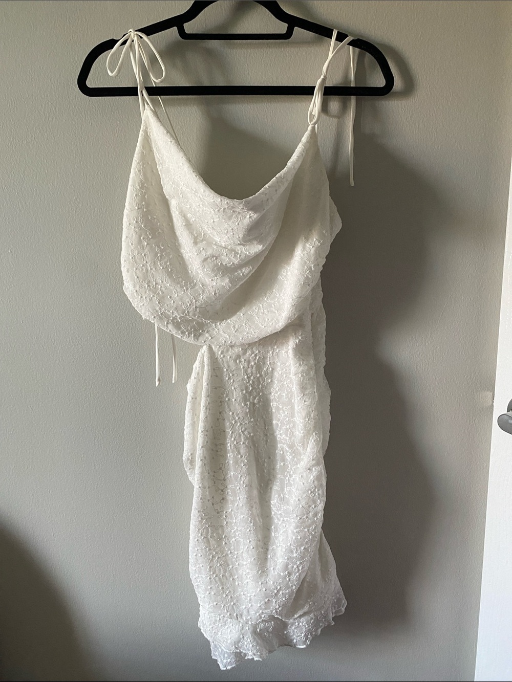 White Lace Cowl Neck Midi Dress with Tie Straps